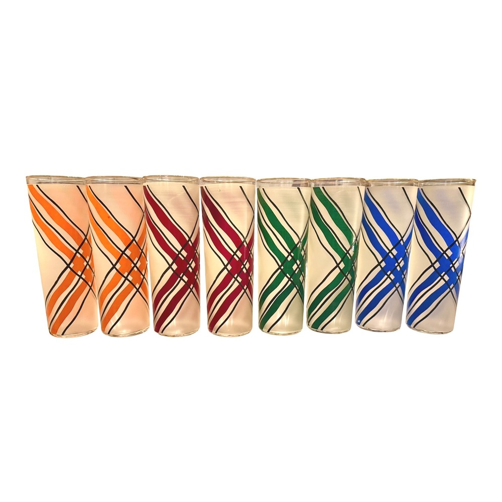 Vintage MCM Frosted Highball Glasses‎ Set of 8 Multicolor Plaid Gold Rim 7 inch